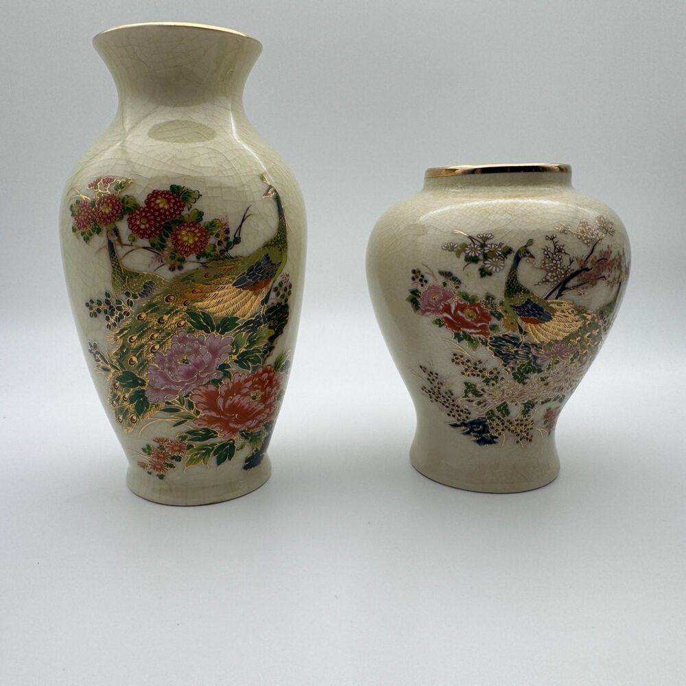 Vintage Japanese Satsuma Style Vases Set of 2 Crackle Glaze Peacock Floral Gold